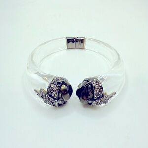 Alexis Bittar Pearl & Pave Crystal Hinged Clear Lucite Gun Metal Bracelet 7 in